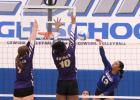 Edna senior Shanti Guerra attacks a double block by Shiner’s Lexi Boner, left, and Nevaeh Jones during Tuesday’s non-district match.